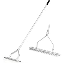 Goplus Thatch Rake, 20-Inch Wide Lawn Dethatcher Rake for Cleaning Dead Grass, loosening Soil, with Long Handle & 19 Curved Tines, Efficient Aluminum Manual Dethatcher for Yard, Removing Weeds