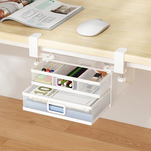 ROLIZOE Sliding Under Desk Drawer Organizer No Drilling 2 Drawers Slide Out Desktop Or Under Table Storage Metal Clamp On Desk Drawer Attachment Anti-Slip Desktop Organizer for Home & Office, White