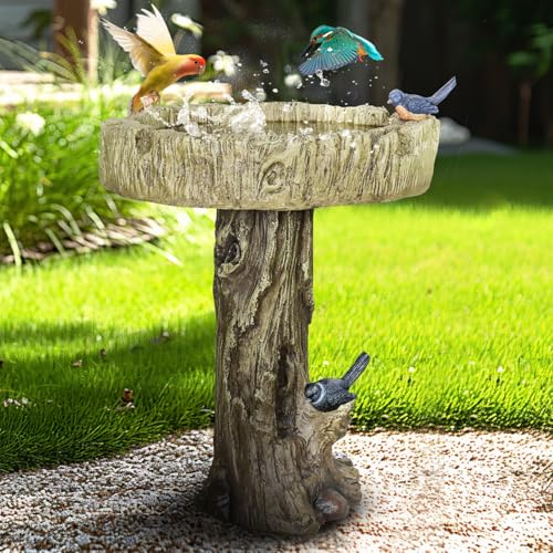 Image of SunJet 24.4 Inch Heigh Wood-Look Concrete Bird Bath with Decorative Faux Bird - birdbath Rustic & Long-Lasting Design, Enhances Garden, Patio, Yard, Lawn Decor
