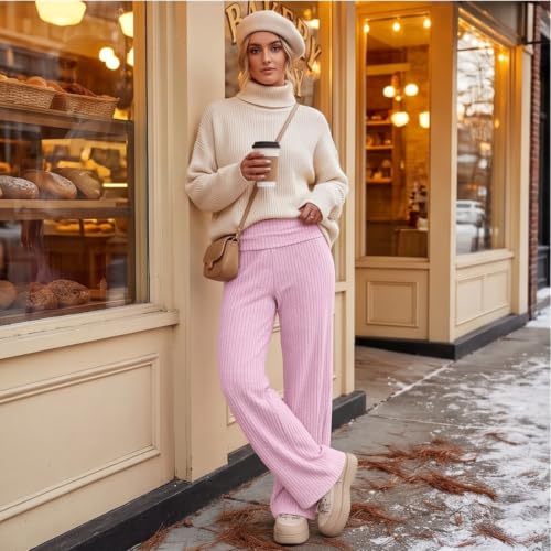 Ribbed Knit Pants for Women Foldover Color Block Baggy Wide Leg Lounge Pant — view 4