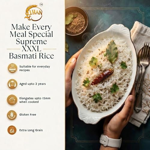 Image of Lihan Supreme XXXL Basmati Rice, 1kg - Premium Aged Long Grain, Extra Long, Fluffy & Aromatic | Ideal for Biryani, Pulao & Daily Meals 1kg (Pack of 1)