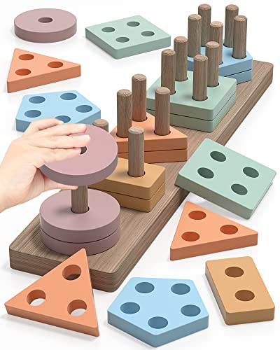Image of Montessori Toys for 1 2 3 Years Old Boys Girls, Wooden Sorting and Stacking Toddlers Kids Preschool, Coffee Color Recognition Stacker Shape Sorter Gift Educational Learning Toy Ages 1-3