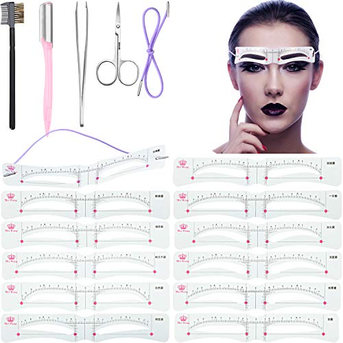 Eyebrow Stencil Kit 17 Pieces Eyebrow Shaping Tool Eyebrow Grooming Kit, Includes 12 Pieces Eyebrow Shaping Template, Eyebrow Razor, Eyebrow Clip, Eyebrow Brush,Eyebrow Tweezers, Eyebrow Scissor