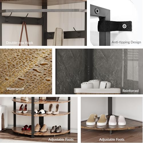 GarveeHome Corner Coat Rack With Shoe Bench for Entryway, Hall Tree With 6 Double Hooks, Clothes Rack With Storage and Organizer Shelf for Hallway, Closet