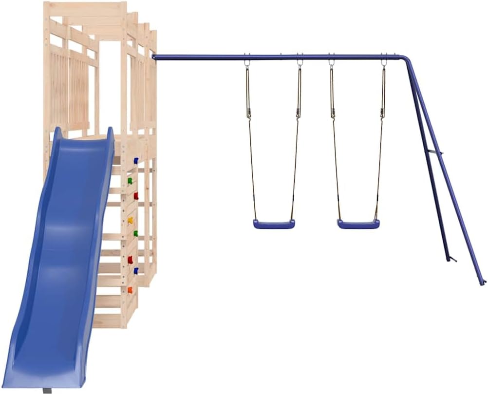 Outdoor Playset Natural Pine Wood with Wavy Slide, Two Saddle Swings, and Climbing Wall for Backyard Fun and Physical Activity
