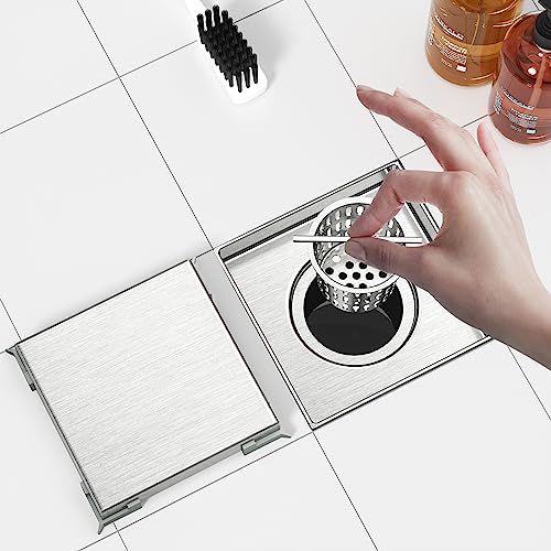 Neodrain 4-Inch Square Shower Drain With Removable Tile Insert Grate,Brushed 304 Stainless Steel, With Watermark&Cupc Certified, Includes Hair Strainer #TOP3
