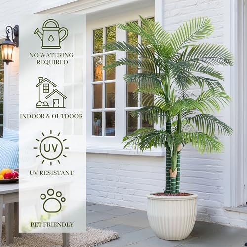 Image of 6FT Artificial Golden Cane Palm Tree, Potted Faux Trees | UV Resistant Indoor /Outdoor Fake Plant with Black Pot, Realistic Tropical Decor for Patio, Living Room, Office