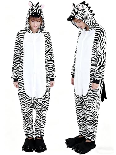 Ovender Pijama de Disfarce Kigurumi para Carnaval Natal Halloween Animal para Cosplay Macacão de Uma Peça para Adultos, Unissex, Mulher e Homem, Roupa de Espetáculo Inverno (L/XL, Zebra 1)