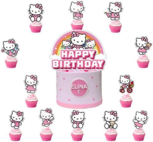 25Pcs Kawaii Cake Cupcake Toppers, Pink Cute Cake Decorations Birthday Party Supplies for Kids Teens Girls