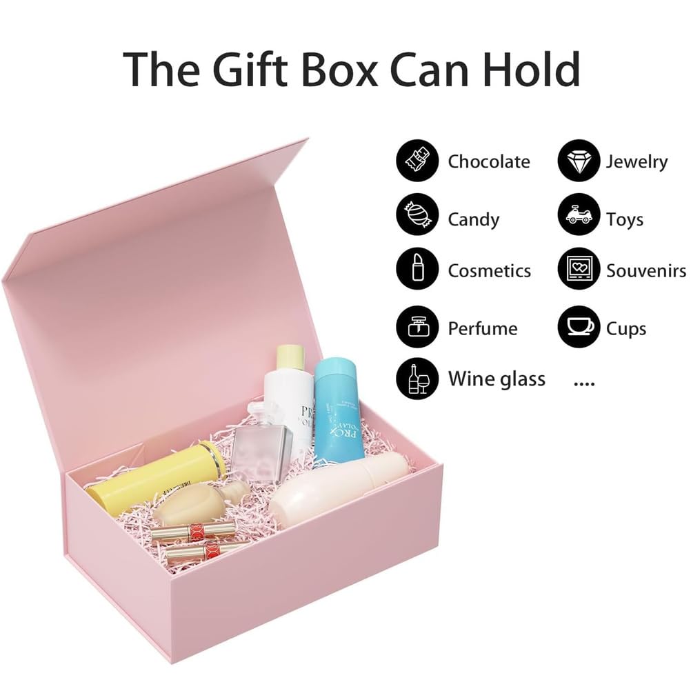 Confezione da 8 Scatole Regalo Rosa, Scatole Regalo 26X19x8 Cm con Coperchio E Chiusura Magnetica Scatole Rettangolari Pieghevoli per Matrimoni, Natale, Halloween, Regali di Compleanno