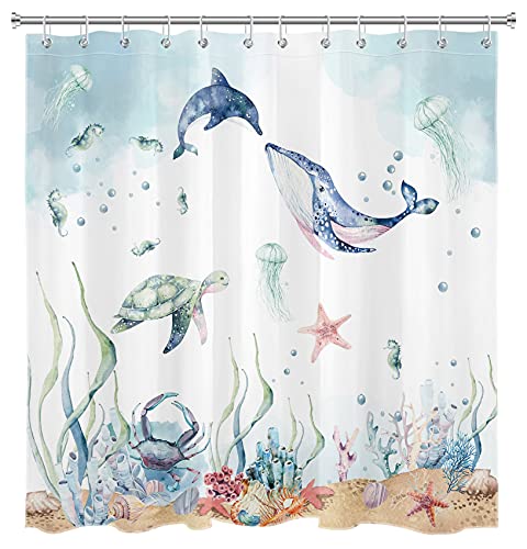 LB Marine Life Shower Curtain Dolphin Whale and Sea Turtle Bath Curtain for Kids,Cartoon Polyester Anti Mould Waterproof Bathroom Curtains with Hooks,94x69 inches - Image 2