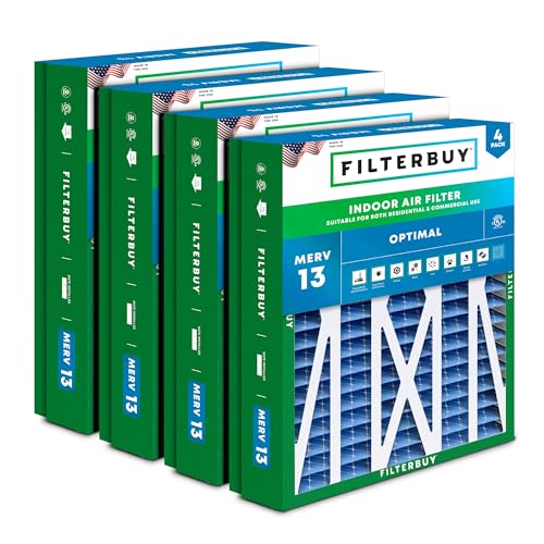 Filterbuy 21x23.5x5 Air Filter MERV 13 Optimal Smoke & Allergy Defense (4-Pack), Pleated HVAC AC Furnace Filters for Trane Perfect Fit & American Standard (Actual Size: 20.00 x 23.09 x 4.97)