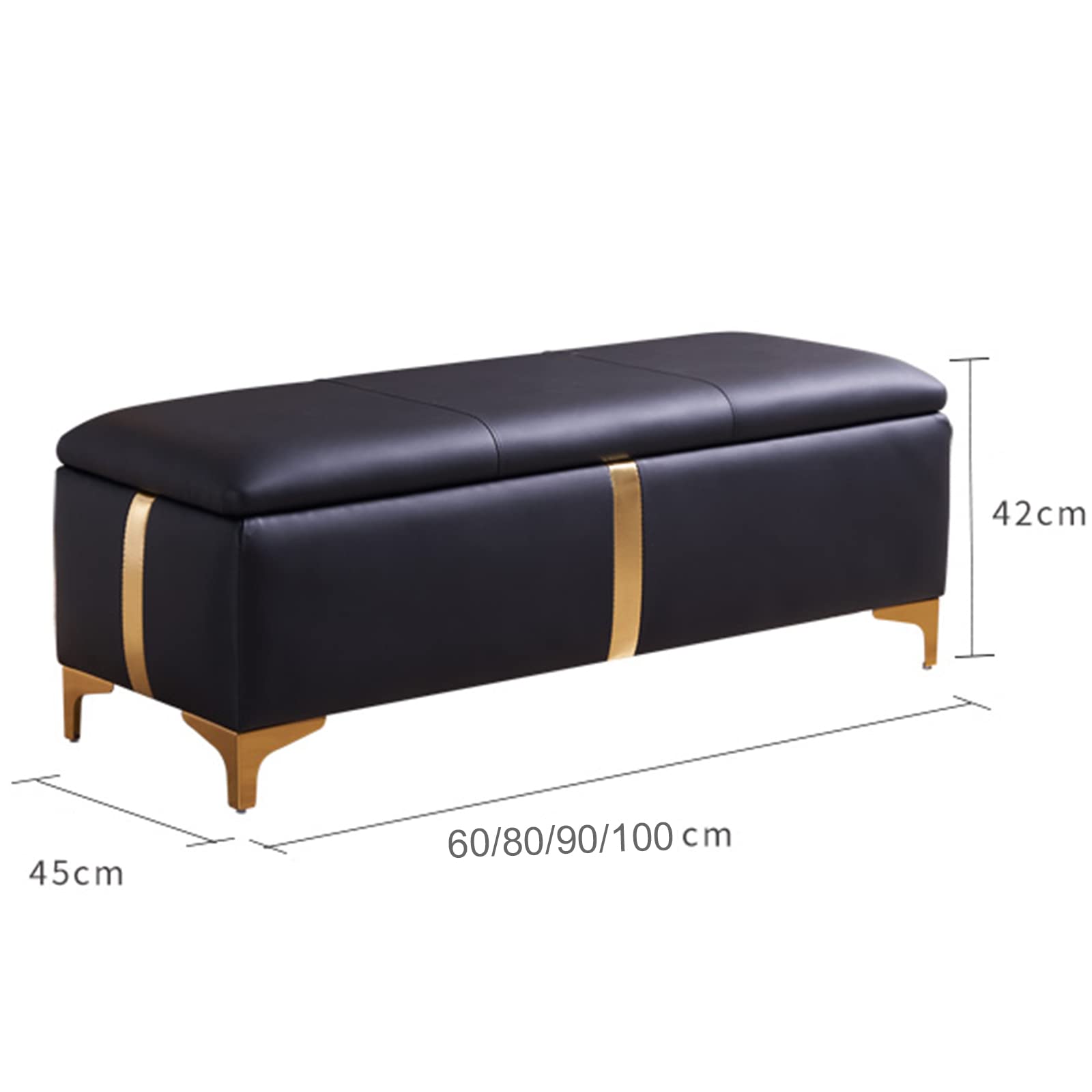 Banco rectangular de almacenamiento tapizado de cuero con patas de metal, color beige, 80 x 45 x 42 cm, ideal para sala de estar, dormitorio, entrada, pasillo