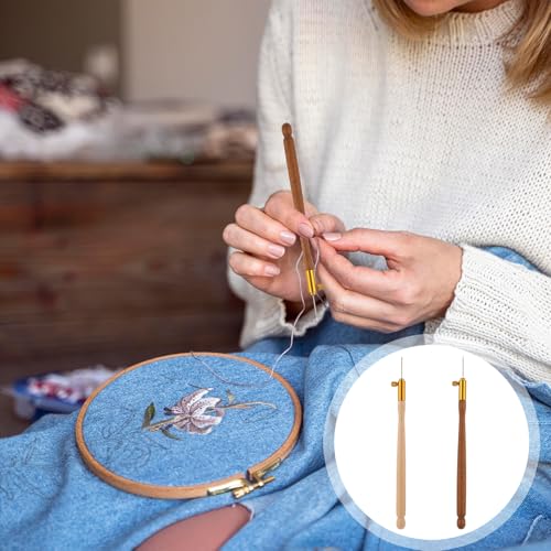 Image of 2 Pcs Tambour Hooks Kit Embroidery Crochet Hook Wood Handle Tambour Embroidery Kit French Drum Hooks with 6 Needles Tambour Hook Latch Beaded Needle for Embroidery Sequin Beading Knitting DIY Sewing