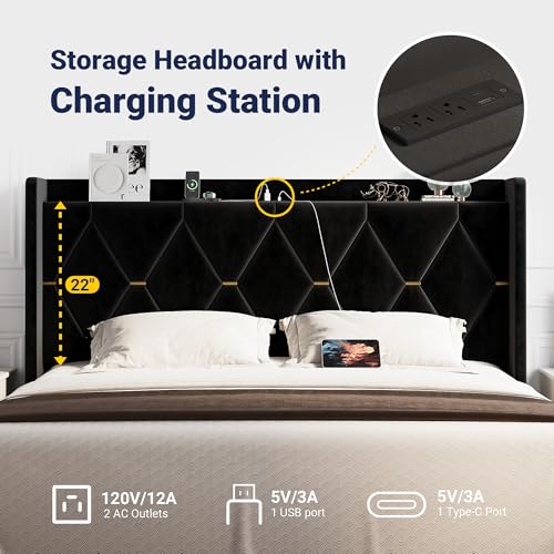 Allewie Velvet King Size Upholstered Bed Frame with Wingback Storage Headboard & Charging Station, Platform Bed with Diamond Tufted Design & Gold Trim, No Box Spring Needed, Easy Assembly, Black - Image 5