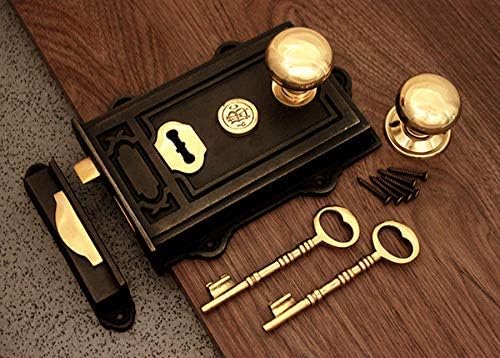 Period Door Knob Set Antique Cast Iron/Brass Davenport Door Rim Lock (5 Choices) (Cottage Large)