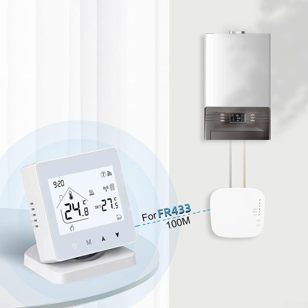 Termostato de calefacción de suelo RF433 no programable con rango ajustable de 5 a 95 °C, control de precisión de 0,5 °C, modos temporales automáticos manuales flexibles, bloqueo infantil activado por