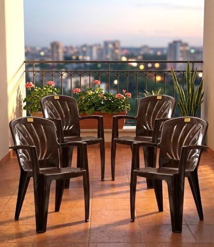 Image of Patiofy Plastic Arm Chair for Living Room, Heavy Duty Plastic Chair for Home and Outdoor, Solid Back Support, Comfortable Seating with Arm Support, 200 Kg Capacity (Elba Brown- Set of 4)