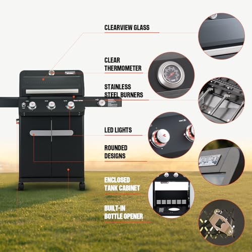 Image of Monument Grills Mesa Series, 3+1 Outdoor Barbecue Stainless Steel Propane Gas Grill, 3 Burners & 1 Side Burner 48,000 BTU Patio Garden Grill with Knob Controls, Mesa325, Black