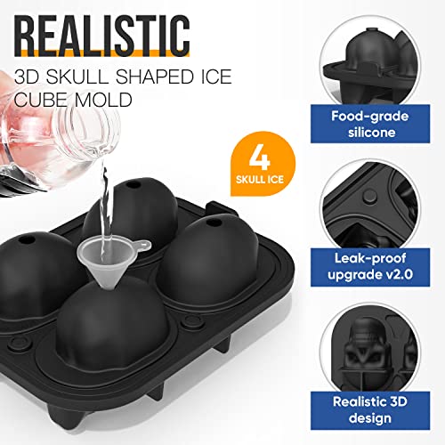 Mtko Skull Ice Cube Mold - Flexible Silicone Skull Ice Mold For Whiskey - 4 Cavity Skull Ice Cube Tray With Funnel - Skull Mold For Baking, Chocolate, Candy And Resin #TOP2