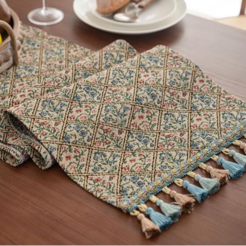 Chemin de table champêtre déco grand format 33x400cm jacquard à fleurs pour mariage et réception
