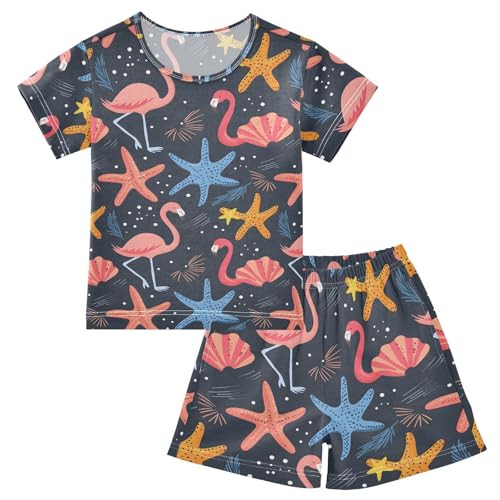 ALAZA Starfish Seashell Flamingo Blue Pajamas Short Sleeve 2 Piece Sleepwear Top and Bottom Pajama Set Unisex