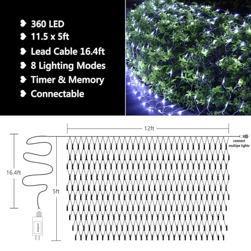 11.5ft x 5ft Christmas Net Lights Outdoor, 360 LED Net Lights with 8 Modes, Connectable, Timer, Waterproof Low Voltage Bush Mesh Fairy String Light for Yard Bush Christmas Indoor Decorations (White) by Jnaurb - Image 4
