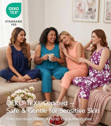 Image of NACHILA Pajamas for Women-Viscose Made from Bamboo, Sleeveless Pjs Tank Top Capri Pants Pajama Sets Cooling Sleepwear