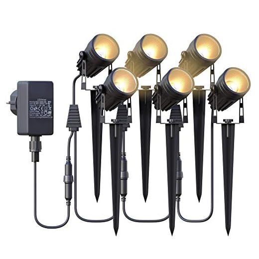 Trädgårdsbelysning, Azhien trädgårdsstrålkastare LED med markspik, 6x3W 1800Lm trädgårdslampa, IP65 varmvit COB LED trädgårdslampa 17,5M för utomhusbelysning gräsmattalampa trädgårdslampa, set om 6