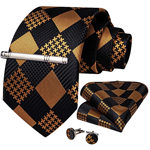 Image of DiBanGu Plaid Ties for Men Silk Checkered Necktie and Pocket Square Cufflinks Tie Clip Set with Gift Box for Wedding Business
