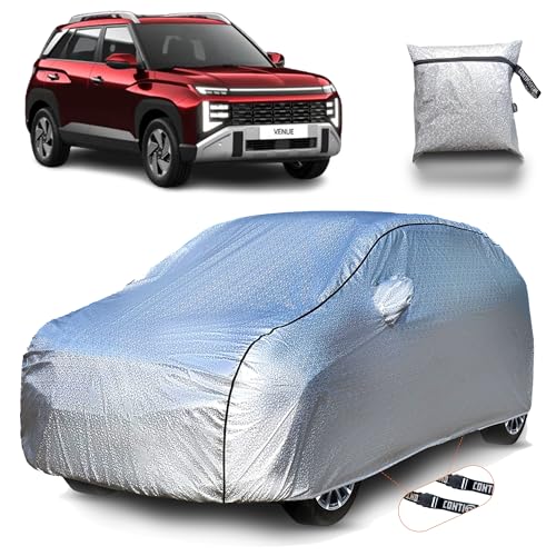 Image of Continental [SilverGuard] Dual Belts Extra Protection Car Cover for New Venue 2026 Model, Build with Triple Stitched, Waterproof & Dustproof Car Cover for Venue (Metallic Silver).