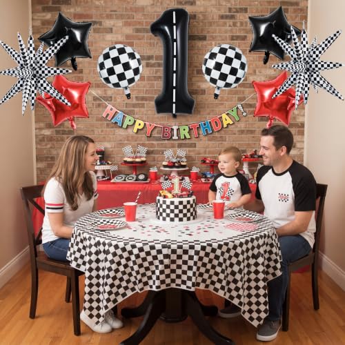 Image of TONIFUL Race Car Party Balloons Set - 40 Inch Racetrack Number 1 Foil Balloon with Checkered & Star Balloons for Boys 1st Birthday Car Themed Decorations, Baby Shower Photo Backdrop Supplies
