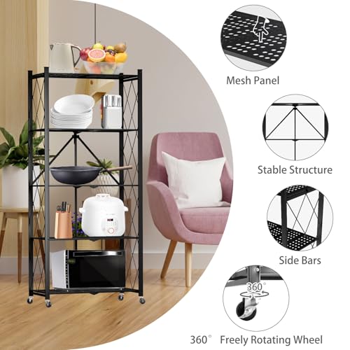 Image of 5 Tier Folding Shelf with Wheels,Metal Steel Collapsible Shelves | No Assembly Portable Shelves Organizer Rack,Rolling Standing Utility Rack for Kitchen, Pantry, Office, Black