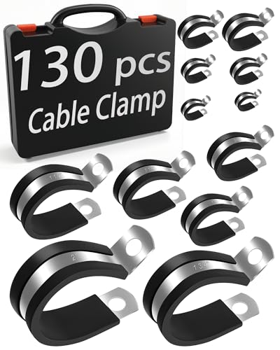 Comfylichi 130PCS Cable Clamp Assortment Kit 12 Sizes 304 Stainless Steel Wire Clips with Rubber Cushion Pipe & Hose Clamps for Wiring Plumbing Fuel Injection Line Automotive & Mechanical Use