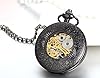 JewelryWe Half Hunter Pocket Watch with Chain Black Dial Steampunk Mechanical Hand Wind Movement #3