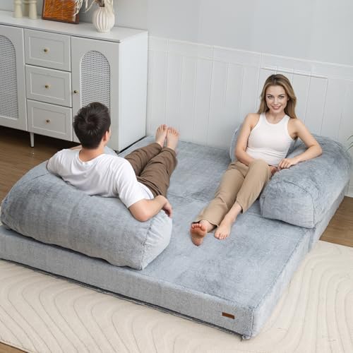 COMAX Folding Sofa Bed Queen, Foldable Couch Bed, Fold Out Futon Chair Sleeper for Adults, Convertible Floor Mattress Sofa for Bedrooom Living Room, Snow Light Grey