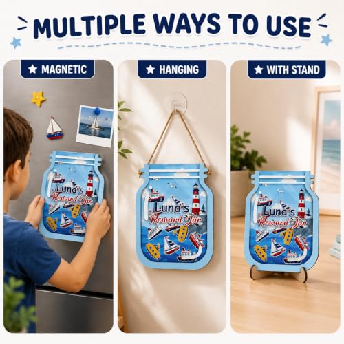 Image of Personalized Nautical Magnetic Reward Jar for Kids, Classroom Rewards Jar, Wooden Positive Behavior System with Boat Tokens, Potty Training Reward Jars for Toddler, Back to School, Classroom Decor