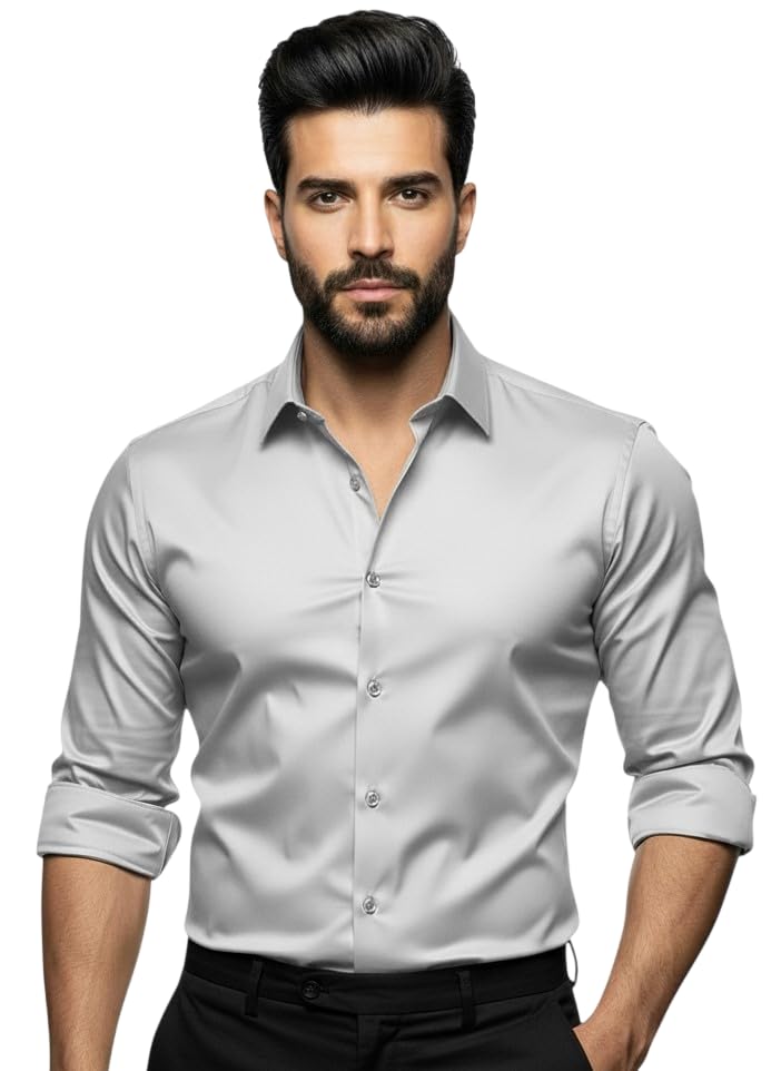 Image of Amazon brand - INKAST Men's Stylish Solid Satin Casual Shirt for Men Full Sleeves| Poly Satin Silk Shirt Silver
