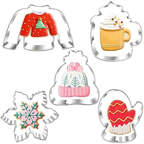 New Winter Christmas Cookie Cutter Set-5 Piece-Ugly Sweater, Hat, Mitten, Snowflake, Coffee Mug Cookie Fondant Biscui Cutters for Ugly Vintage Christmas Thanksgiving Cover