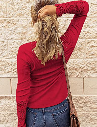 Image of Kancystore Women's Fall Long Sleeve Tops Lace V Neck Button Down Henley Shirts Tunic Blouses