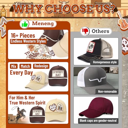 Image of Meneng Western Trucker Hat for Cowboy: Men Women Adjustable Snapback Caps with 8pcs Embroidered Patches and a Chain
