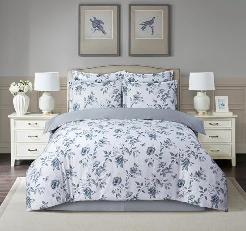 Majestic Giftware Madison Linen 4 Pcs Twin Size Bedding Set (BL100-T-1-4pcs) Amalfi Orchard - Blue 300 Thread Count Cotton Sateen | 1 Fitted Sheet, 1 Duvet, 2 Pillowcases | Soft & Luxurious