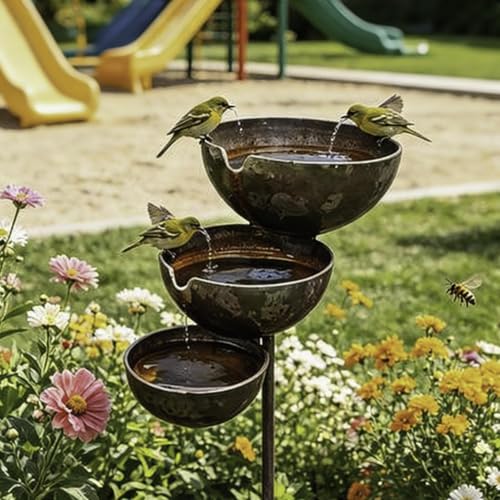 Rain Catchers For Garden Rain Catcher Bird Bath Stake 3 Tier Cascading Bird Bath & Bee Watering Station Rust Metal RainCatcher Garden Stake With Water Bowl GardenOrnament For Birds Lovers