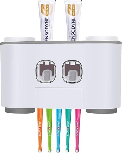 Soporte multifuncional para cepillos de dientes y exprimidor de pasta de dientes con 2 dispensadores de pasta de dientes, 5 ranuras para cepillos de
