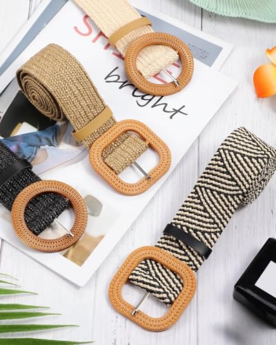 Image of WILLBOND 4 Pcs Women's Elastic Raffia Woven Belt, Boho Rattan Buckle Stretch Straw Wide Waist Belt for Dresses Jeans Pants