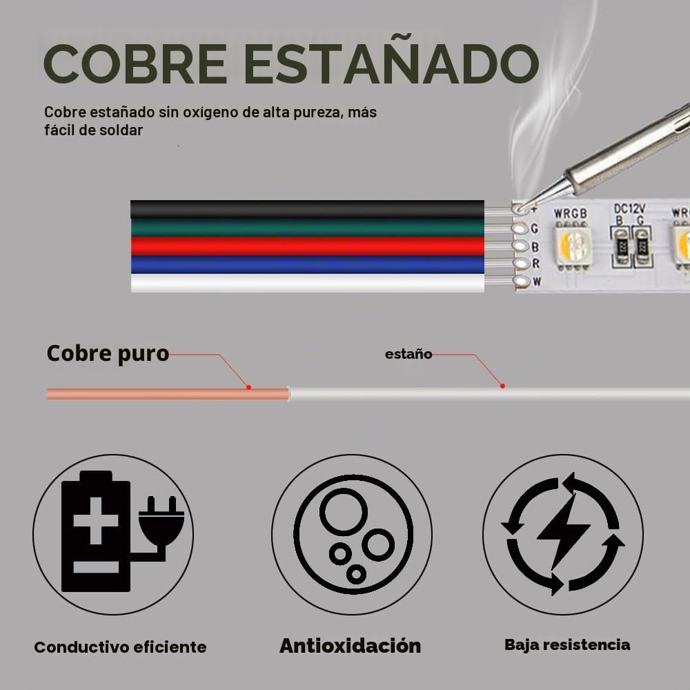 30M 5x0.32mm² Cable de Extensión LED RGBW, Calibre 22 Cable de 5 Núcleos, 12 V CC 22 AWG con 10 Conectores para Tiras LED RGBW 3528 5050