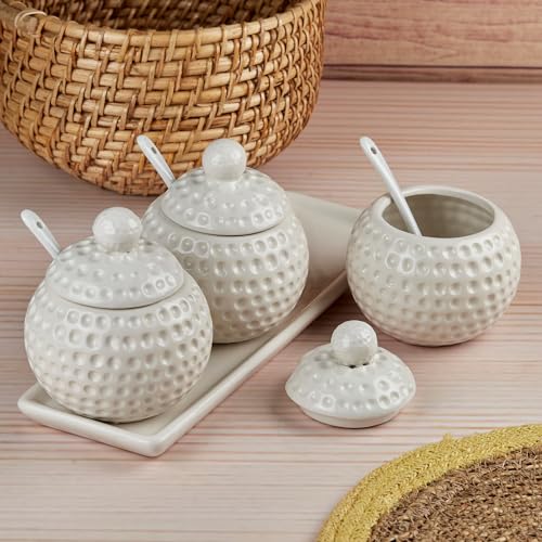 Image of SASASA Ceramic Condiments Container Set 2 with Lid & Spoon | Spice Jars for Kitchen, Sugar Bowl, Pickle Pot & Seasoning Storage Organizer | Condiment Jar Set for Home & Dining, White (10681)