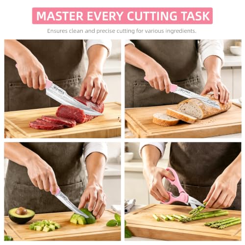 Knife Set - 15 PCS Kitchen Knife Set with Built-in Sharpener Block, German Precision Forged Stainless Steel Blades, Ergonomic Handles, Dishwasher Safe, Pink - image 6
