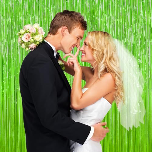 Image of Grass Green Foil Fringe Curtain Backdrop, 2Pack Metallic Tinsel Fringe Curtain Streamers Photo Backdrop for St Patricks Day Football Decorations, Birthday Christmas Tropical Party Decor Door Streamers