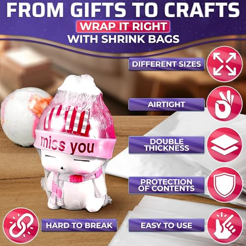 200Pcs Heat Shrink Wrap Bags – 3 Sizes 4x6" (120) 8x10" (50) 10x12" (30) Clear PVC Plastic – Compatible with Any Heat Gun or Hair Dryer at Medium Temperature – Great for Wrapping DIY Crafts and Gifts